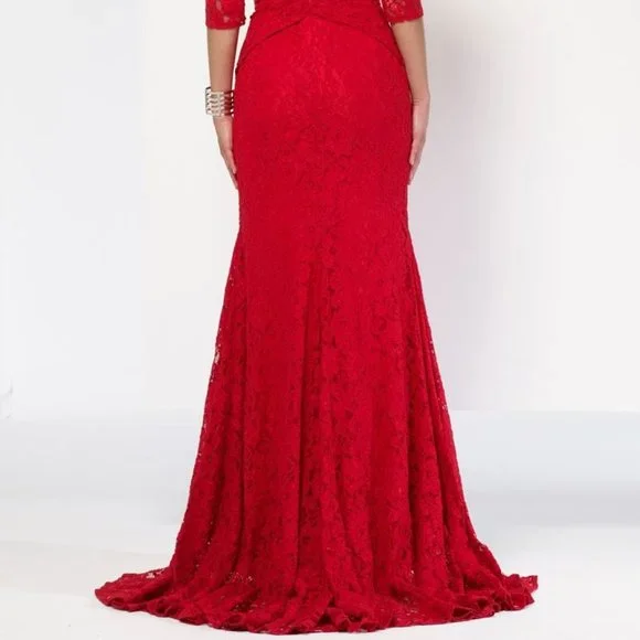 NEW Red Long Lace Dress, 3/4 Sleeve Holiday Formal Sexy, Cruise Prom Mother's - Picture 4 of 10